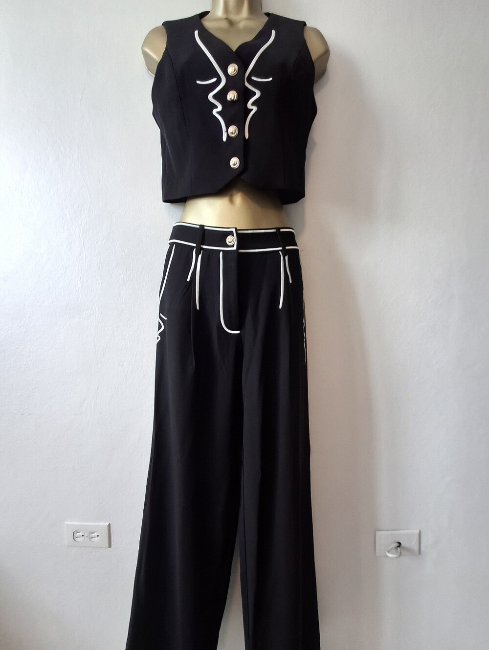 Women's Black Wide-Leg Pants & Crop Vest Set with White Trim